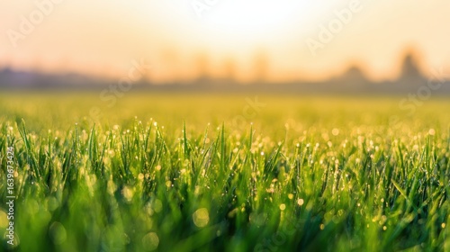 A tranquil sunrise over a lush green field, dewdrops glistening like tiny jewels in the morning light.