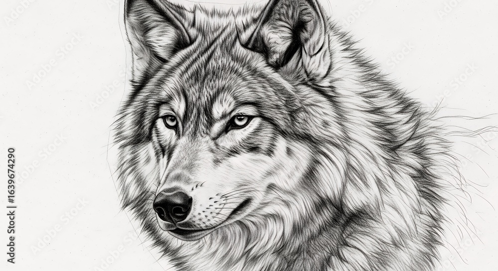 Fototapeta premium Detailed Black and White Wolf Portrait Drawing with Realistic Fur and Intense Expression