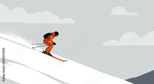 Skiing adventure on snowy slopes mountain resort digital illustration winter landscape side view thrilling experience. Vector illustration
