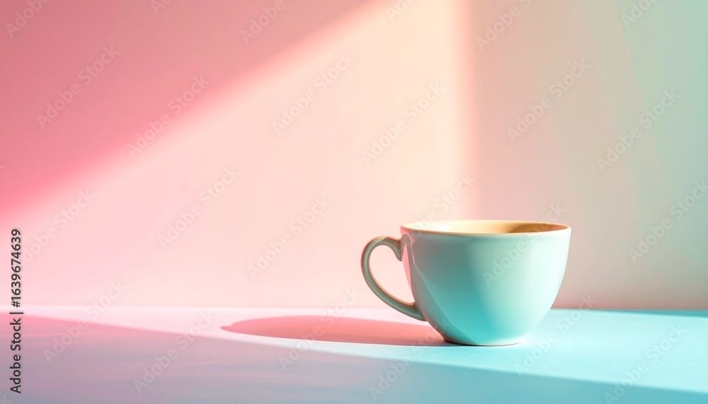 Fototapeta premium 淡いパステルグラデーション背景にシンプルな陶器カップと柔らかな影