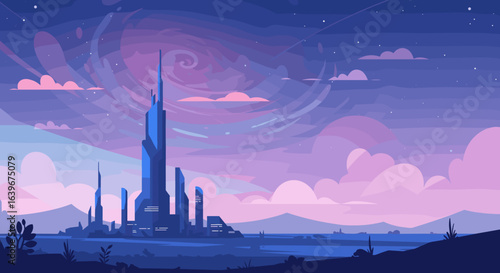 Futuristic skyscraper cityscape at dusk digital art urban landscape serene environment. Vector illustration
