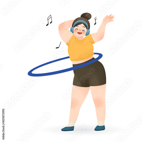 Happy Plus Size Overweight Woman Exercising with Hula Hoop Workout and Listening To Music - Body Positivity Fitness Vector Illustration