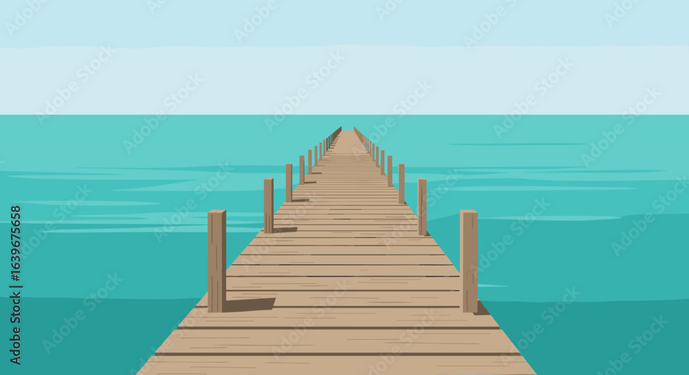 Fototapeta premium Relaxing walk on wooden pier over crystal blue water coastal landscape scenic view. Vector illustration