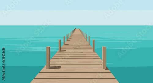 Relaxing walk on wooden pier over crystal blue water coastal landscape scenic view. Vector illustration