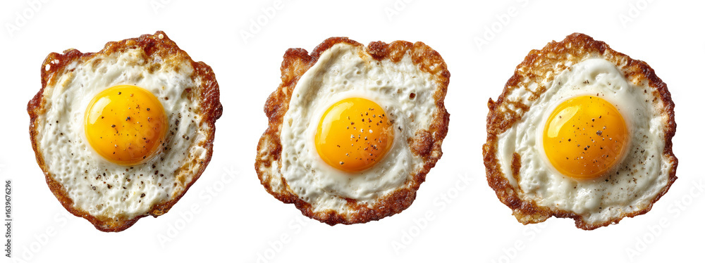 Three Delicious Fried Eggs with Bright Yellow Yolks on White Background Three Delicious Fried Eggs with Bright Yellow Yolks on White Background