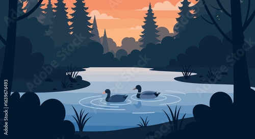 Ducks swimming in tranquil river at sunset nature scene serene environment peaceful view. Vector illustration