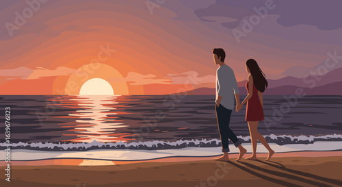 Couple walking on the beach at sunset romantic scene seaside digital art warm colors love and connection. Vector illustration