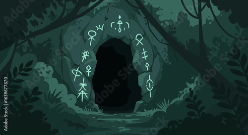 Ancient symbols discovered in mysterious cave enchanted forest digital artwork dark environment fantasy viewpoint. Vector illustration