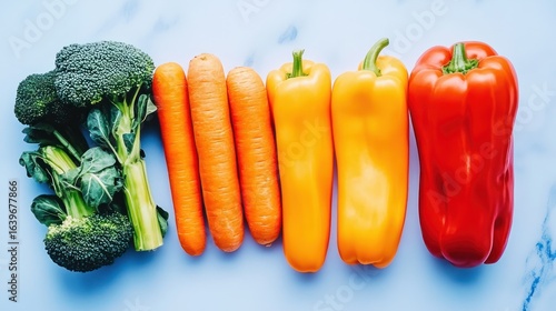 Fresh Vibrant Vegetables: Broccoli Carrots and Peppers on Marble Background healthy organic produce