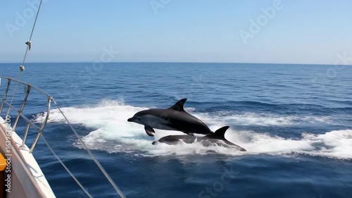 Dolphins leaping playfully near a sailboat on a sunny day