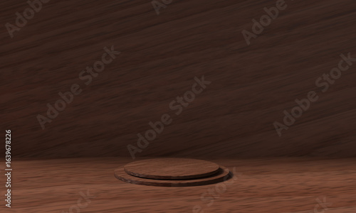 wooden oak circle round stage mockup dais background wallpaper empty blank pedestal brown color wooden oak showcase surface exhibition mockup present floor sale product marketing advertisement studio 