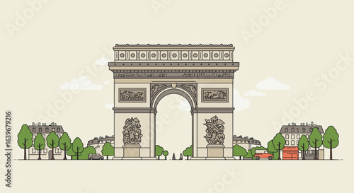 Discover the arc de triomphe paris iconic monument front view urban landscape architectural marvel. Vector illustration