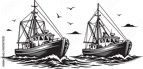 Black and white vector illustration of two fishing trawlers at sea