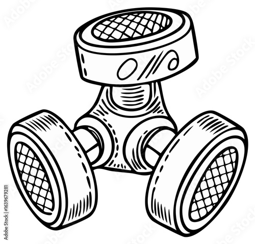 Illustration of a Vintage Gas Mask with Filters for Protection Against Harmful Elements