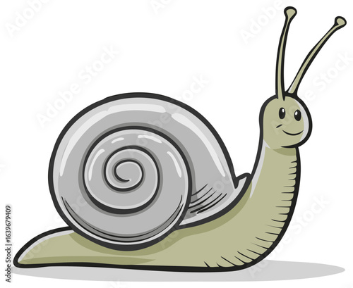 Cute cartoon snail smiling with a grey spiral shell illustration