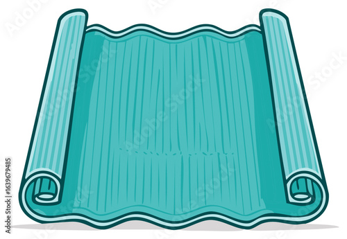 Greenish blue blank mat scroll or carpet unrolled with wavy edges and copy space