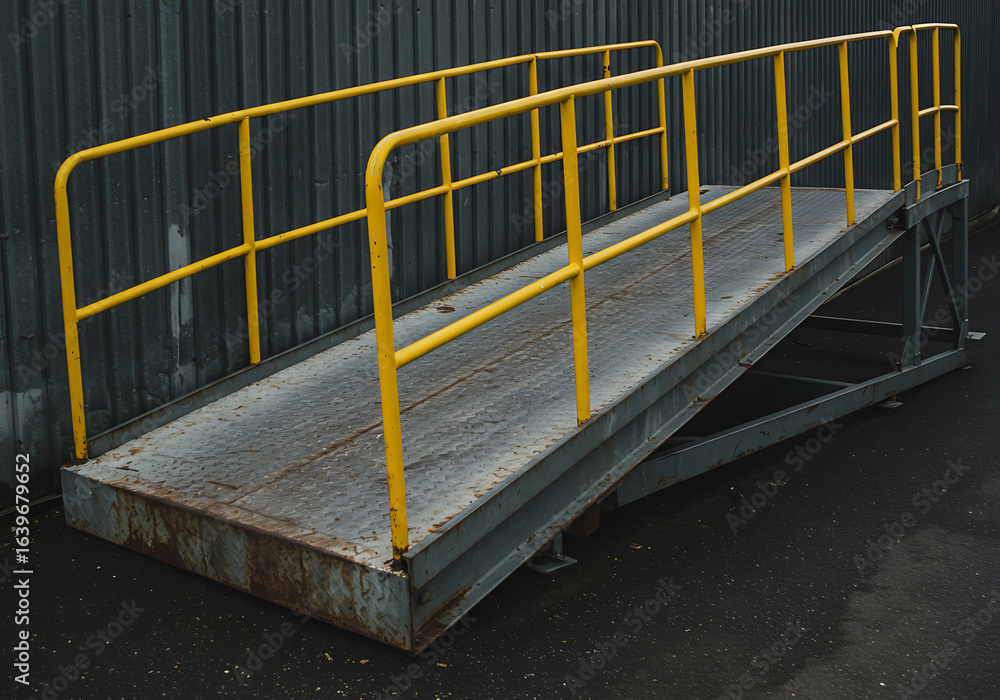 Obraz premium In a visually striking composition, a worn metal loading ramp forms a strong diagonal line, leading the eye up toward the vibrant yellow safety railings