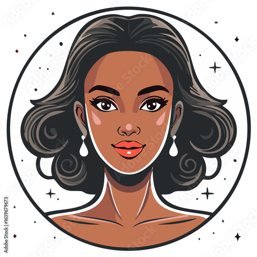 Stylish Black Woman Portrait with Wavy Hair and Pearly Earrings