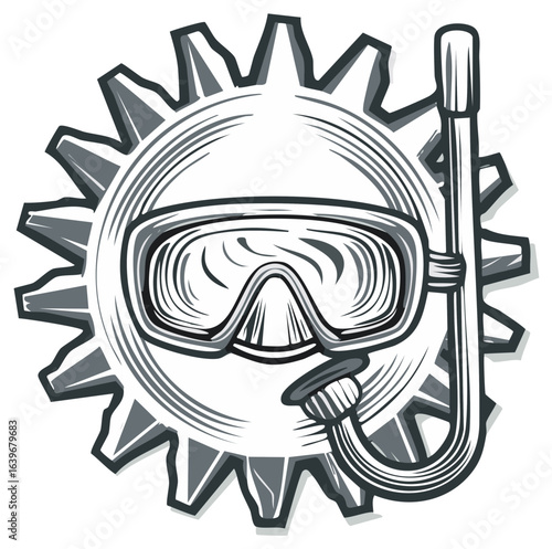 Illustration of gear face with diving mask and snorkel, symbolizing industry integration, engineering, and underwater exploration