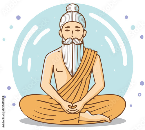 Meditating Guru With Long Beard and Traditional Clothing
