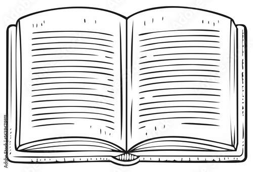 Open book black and white line art illustration with blank pages and text lines, simple hand-drawn style.