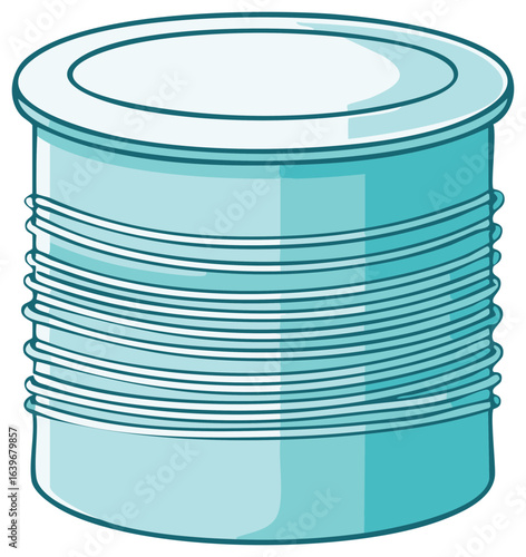 Simple shiny metal can illustration with a retro style, a closed container, sealed storage, food preservation, aqua colour, and ringed edges.