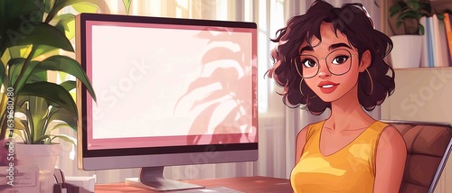Young woman with curly hair in a yellow top working at a modern desk beside houseplants in a bright room with a computer