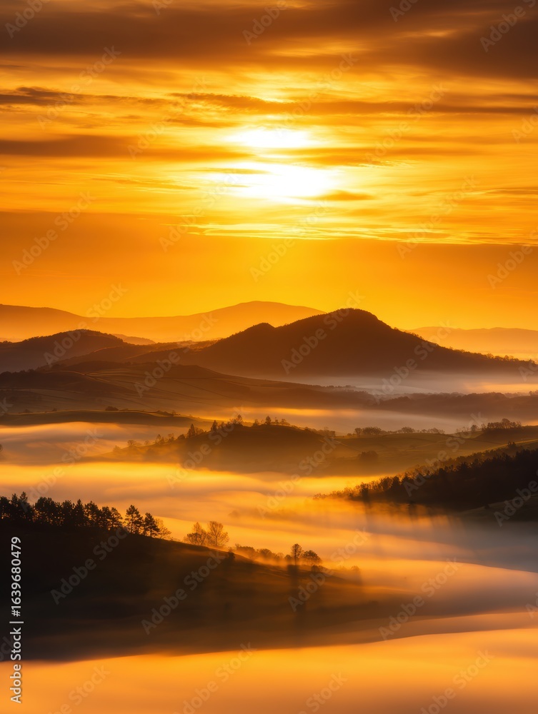Fototapeta premium Serene sunrise over rolling hills shrouded in mist, creating a tranquil landscape at dawn