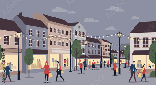 Evening shopping stroll urban city center digital illustration vibrant street atmosphere eye-level perspective community vibes. Vector illustration