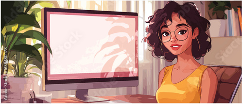 Young woman with curly hair in a yellow top working at a modern desk beside houseplants in a bright room with a computer