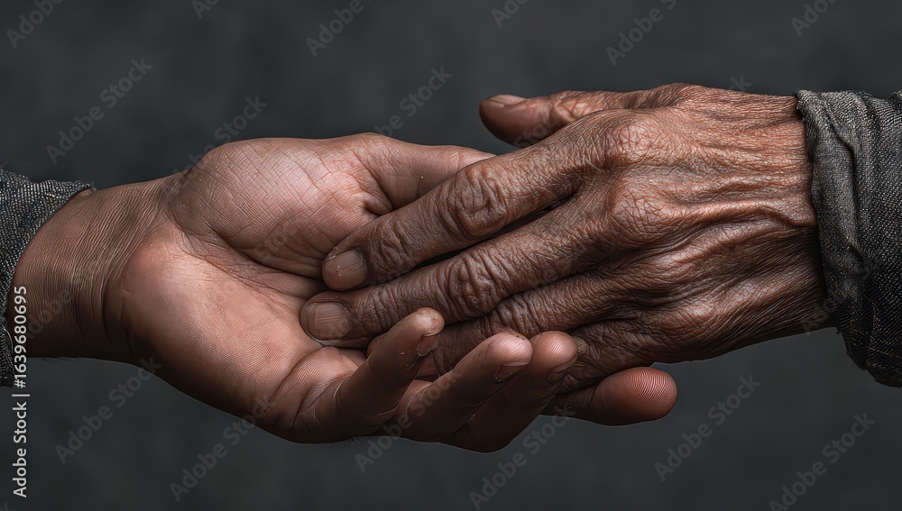 Fototapeta premium Closeup Of Two Hands Holding Touching In Dark Background