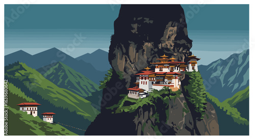 Buddhist monastery on cliffside bhutan digital art mountainous landscape aerial view serenity and spirituality. Vector illustration