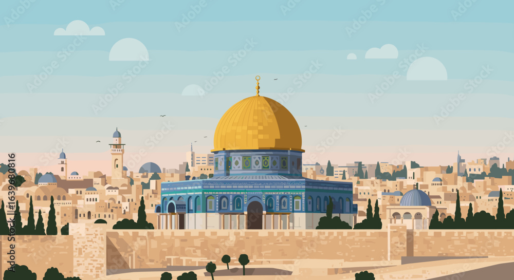 Fototapeta premium Historic dome of the rock jerusalem digital illustration urban landscape aerial view cultural significance. Vector illustration