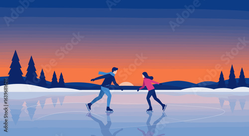 Couple ice skating at sunset frozen lake digital art winter wonderland romantic viewpoint. Vector illustration