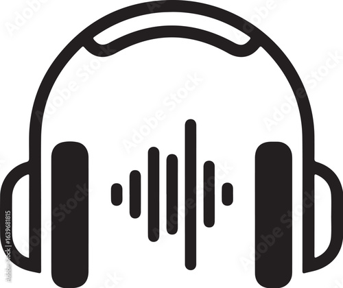 Black and white headphones vector icon with sound waves illustration