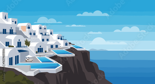 Exploring iconic santorini architecture greece digital art coastal view scenic landscape vibrant colors. Vector illustration