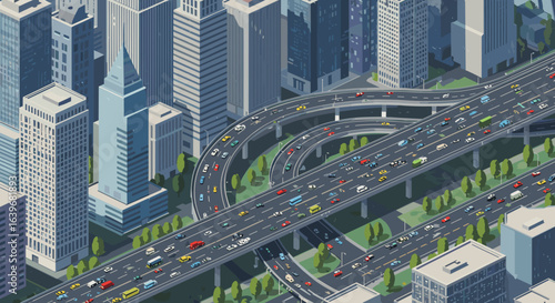 Urban traffic flow cityscape digital illustration daytime aerial view transportation dynamics. Vector illustration