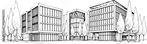 Black and white illustration of modern office buildings, architectural design, vector drawing