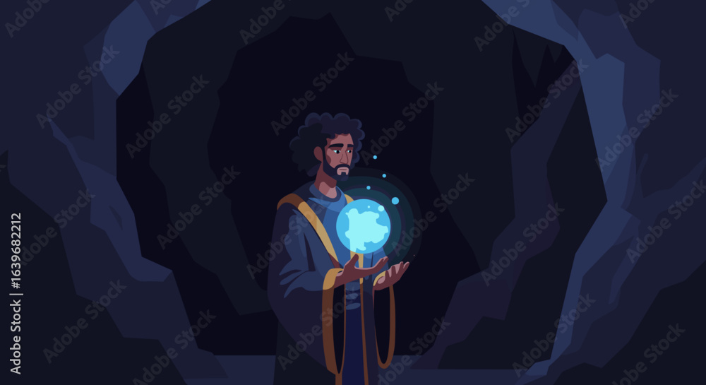 Fototapeta premium Mystical sorcerer in cave holding glowing orb fantasy realm digital art dark environment dramatic viewpoint. Vector illustration