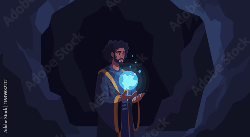 Mystical sorcerer in cave holding glowing orb fantasy realm digital art dark environment dramatic viewpoint. Vector illustration