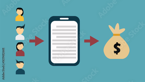 monetize content vector with people as viewers, smartphones and money
