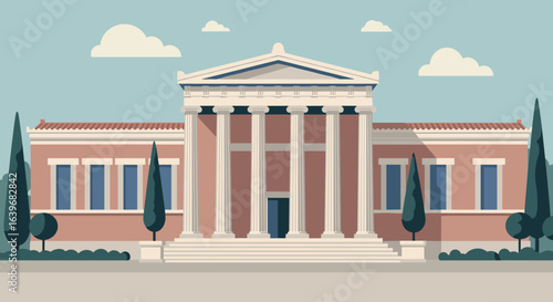 Exploring historic architecture at a grand museum city center digital illustration daytime front view cultural heritage. Vector illustration