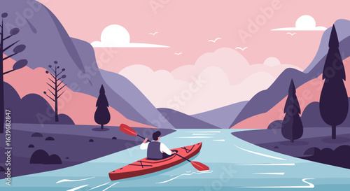 Paddling adventure serene river digital illustration mountainous landscape wide angle outdoor recreation. Vector illustration