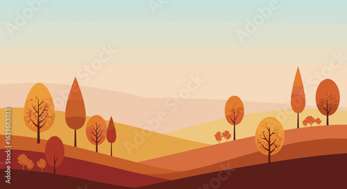 Autumn landscape serenity countryside digital illustration calming environment wide viewpoint nature concept. Vector illustration