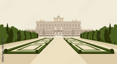 Exploring the royal palace gardens in madrid spain a serene landscape overview. Vector illustration