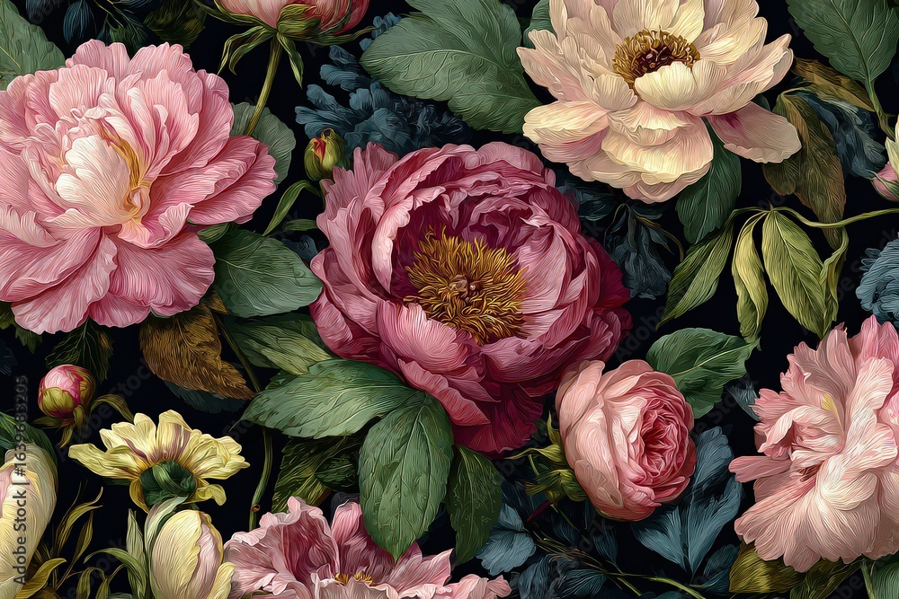 custom made wallpaper toronto digitalDetailed Floral Pattern with Pink and Red Roses and Peonies