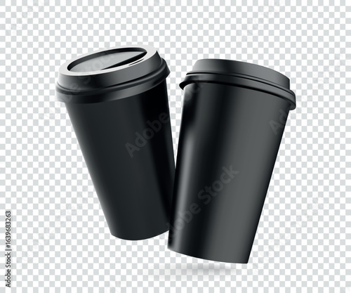 Realistic black mock up cups set with black plastic lid. Coffee to go, take out mug for your design
