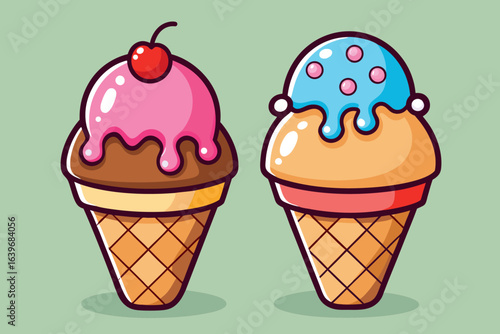 Two cartoon ice cream cones with different flavors and toppings on light green background