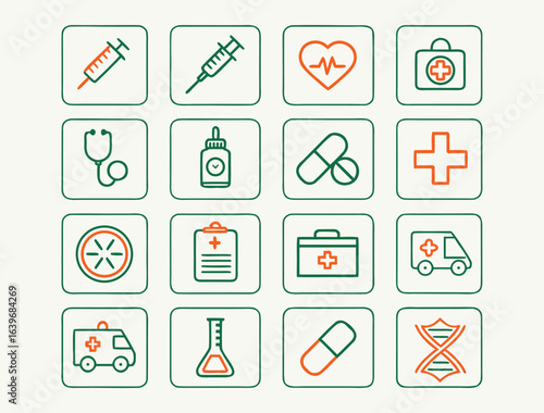 Medical healthcare icons set with syringe stethoscope heart pills ambulance and D N A vector