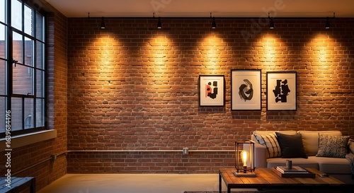 Warm and inviting living room interior showcasing exposed brick wall and track lighting for interior design inspiration and real estate marketing